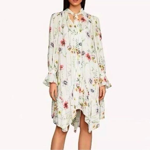 BCBGMAXAZRIA White Botanical Floral Print Tie Neck Mini Shift Dress Sz S - Picture 5 of 12